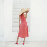 Halterneck Midi Silk Dress with Back Tie and Flowing A-Line Skirt